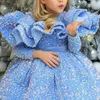 Guld Sequined Sparkly Flower Girl Dresses Ball Gown Sheer Neck Tulle Långärmad Lilttle Baby Barn Födelsedag Pageant Wedding Gowns