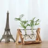 Glass and Wood Vase Planter Terrarium Table Desktop Hydroponics Plant Bonsai Flower Pot Hanging Pots with Wooden Tray Home Decor 220423