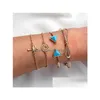 Charm Bracelets Fashion Jewelry Vintage Bracelet Set Triangle Turquoise Bowknot Hollowed Circle Coconut Palm 4Pcs/Set Drop Delivery Dh2J0