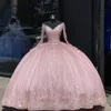 Sparkly Pink Luxury Quinceanera Dress 2022 Per Sweet 16 Girl Perline Paillettes Manica lunga Compleanno Princess Ball Gown 15 Abiti