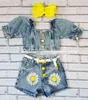 Citgeett Summer Kids Girls Outfits Suit Short Sleeve Zipper Crop Tops Blossom Print Elastic Waist Denim Shorts Clothing Set J220711