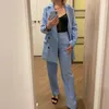 Dwuczęściowe spodnie damskie Eleganckie kobiety garnibot niebo niebieski lapel z podwójnym wyborem Blazer z Blet Custom Made 2 szt. Zestaw mody streetwear