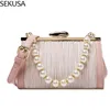 Evening Bags Ruched Fashion Lady Evening Bags Pearl Diamonds Chain Handbags Pu Ladies Design Holder Wedding Messenger 220321