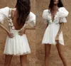 Hot 3D Flowers Appliques Wedding Dress 2022 Half Lantern Sleeve Deep V-Neck Backless Pearls Tulle Bridal Gowns Vestido de Novia Robe Mariee