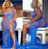 2022 Plus size Arabisch aso ebi luxueuze zeemeermin blauw prom jurken kralen sexy avond formeel feest tweede receptie verjaardag verlovingsjurken jurk zj577