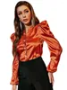 Kvinnors blusar Skjortor High Street Autumn Mechanism Tryckt Orange Office Ladies Shirt Casual Long Sleeve Blus Stand Collar Puff Kvinna