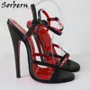 Sorbern 16Cm Stilettos High Heel Sandal Thin Straps Slingback Black And Red Real Leather Sexy Sissy Girl Shoe Custom Color