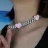 Chains 12mm Width Pink Heart Iced Out Bling 5A Cubic Zirconia Cz Choker Necklace Women Girlfriend Gift Cuban Link Chain JewelryCha335L