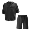 Survêtements pour hommes coton lin lâche loisirs costume deux pièces couleur pure été décontracté Rafraîchissant col en V chemise courte + culotte Short de pirate en dentelle élastique S-3XL Ensemble de sport