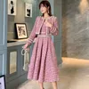 Robes de travail Tweed Tweed Two Piece Set Femme Femme d'hiver Per perle Perbel Pink Veste courte et gilet en laine MIDI Ball Gwon Robe Suitswork