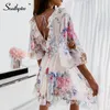 Southpire Kadınlar Çiçek Baskı Yarım Kollu Seksi Mini Parti Elbise Sırtsız Fırfırbahar Bahar Yaz Elbise Sıradan Kadın Giyim 220518