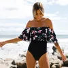 Seksowne z ramion solidne stroje kąpielowe kobiety kąpielowe kostium kąpielowy Kącik kąpielowy Ruffle Monokini Swim Wear XL 220509