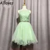 Mint Short Homecoming Dresses Lace Sexy Mini Prom Gown Appliciques Party Dress A Line Robe Vestido Mesh Evening Cocktail Gown Cl0402