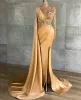 Meerjungfrau 2022 Champagner Abendkleider Langarmes eine schulter perlene Seitenschlitz afrikanische Plus -Größe Satin Sweep -Zug -Prom -Party -Kleid formelle OCN Wear Vestidos