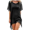 Women Beach Dress Solid Swim Wear Bikini Cover Ups with Tassel Summer Beachwear Holiday Sundress Sun Bathing 220524