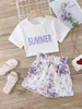 T-shirt graphique avec lettres pour filles, imprimé floral, short à taille paperbag, SHE