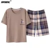 Мужские горы Большого размера носить модную хлопчатобумажную пижаму летние короткие PJ Set Khaki Deer Printed Styly Plaid Homewear 3xl 4xl Nightwear 220705