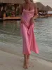 Pink Camis Long Dresse Satin Cut Out Sleeveless Slip Dress Female Backless Sexy Party Dresses Summer Slit Midi Dress 220509