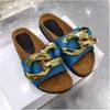 Women sandals JW designer Slippers England Genuine Leather Cowskin Scuffs Slipper Wood Bottom Flat Heels Gold Chain Slides Sandals high quality Luxury Shoes