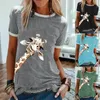 Grafik tees en iyi kadın zürafa baskı sevimli pamuk tişört o boyun moda yaz kısa kollu rahat üstler hayvan basım tshirts 220714