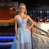 New Blue Glitter Tulle Prom Dress Princess Sweetheart Straps Appliques Beading Party Evening Gowns Lace-Up