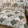 Grid Splicing Printing Bedding Set A/B Double-sided Bear Pattern Bed Duvet Cover Set 3/4pcs with Pillowcase for All Seasons