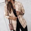 Mulheres Long Casual Blazer Jaqueta Primavera Outono Moda Dupla Breasted Tweed Verificação Imprimir Revestimento Vintage Pocket Outerwear 220402