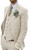 Fashion Men Linen Suits Beach Summer Wedding Groom Tuxedos 3 Pieces Two Buttons Groomsmen Suit Jacket Vest Pants Tie Notched Lapel