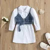 2022 Fashion Children Baby Girl Clothing Juego de color sólido Camisa de manga larga Vestido de mezclilla de mezclilla 2 PCS Copa con diamantes y perlas