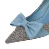2021 Summer Luxury Women 7.5cm High Heels Pumps Sweet Ladies Butterfly Knot Pointed Toe Blue Low Heels Scarpins Prom Party Shoes G220516