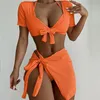 VigoCasey Orange 4PCSSet Swimwear Women Sexy High Waist Neck Bikini Set Swimsuit Short Tied Sleeve Bathing Suit Swim Wear 220531