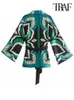 TRAF Women Fashion with Belt Printed Wrap Kimono Blouses Vintage Three Quarter Sleeve Temper Tops 220812