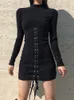 Heyoungirl Kravat Bandaj Siyah Bodycon Elbise Sonbahar Temel Uzun Kollu Örme Mini Elbiseler Bayanlar Sıska Casual Kış Moda 220406