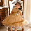 Mädchenkleider Gold Handgemachte Blumen Brautjungfer Abend Ballkleider Kinder Heilige Kommunion Abschlussball Vestidos Für MädchenMädchen