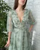 Festklänningar sevintage grön fjäril tyll prom v hals långa ärmar sammet bälte aftonklänningar formell klänning med fickor 2022 Party