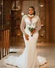 2022 Plus Size Arabic Aso Ebi Sheer Neck Mermaid Wedding Dress Long Sleeves Sexy Bridal Gowns Dresses ZJ441