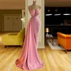 Mermaid Pink Prom Dresses Spaghetti Straps Sexy Deep V Neck Sleeveless Sequins Appliques Beads Satin Floor Length Plus Size Formal Party Gowns Custom Made