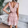 Summer Resort Style Casual Lace-Up V-Neck Floral Chiffon Dress Y220401