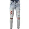 Amirs 2022 Fashion Men's Ripped Jeans Blue Flame Print personlighet lappade hål Slim fit jeans222r