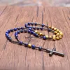 Pendant Necklaces Natural Lapis Lazuli With Tiger Eye Stone Rosary Cross Necklace Hematite Catholic Gift Christian Jewelry