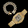 2022 Hip Hop hommes glacé montre de luxe Date Quartz montre-bracelet avec Micropave CZ montre pour femmes hommes bijoux cadeau