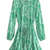 Traf Zar Green Print Shirt Shird Woman Ruffle short es for women belt vintage mini long sleeve curages 220630