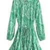 Traf Zar Green Print Shirt Dress Woman Ruffle Short Es For Women Belt Vintage Mini Long Sleeve Casual ES 220630