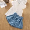 Humor Bear Girl s Clothes Set Summer Children Bow Lace Sling T shirt Striped Short Pants Sets Kids Sleeveless Clothing 220620