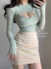 Womengaga Summer Korean Girl Kobieta elegancka kreska T -CHIRT z długim rękawem pusta krzyżowa topy tee seksowne top y2ej 220811