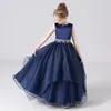Girl's Dresses Sashes Beaded Bow Organza Satin Flower Girls Tulle Princess Formal Kids Birthday Party Gown Navy Blue PleatsGirl's