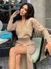 Tawnie Knitted Women's Split Midi Dress New Year 2022 Sexy Elegant V Neck Tunic Long Sleeve Loose Side Split Long Dresses T220729