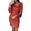 Vestido de mujer sexy Lentejuelas Brillo Sparkle Cuello en V profundo Lentejuelas Borla Manga larga Corto Mini Fiesta de noche Abrigo Paquete de cadera Vestido 220406