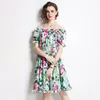 Soltar verão verde vintage vintage estampa floral elástica pescoço curto manga curta feminina moda casual temperamento doce praia 220513