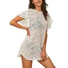 Women s Perspective Bikini Cover Up Tunic Beach Dress Hollowed Lace Tulle Mesh Ruffled Smock Bathing Suit wear 220524